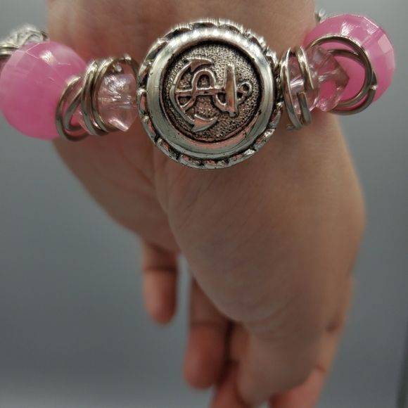 PInk and Silver Anchor Beaded Stretch Bracelet - Picture 4 of 5